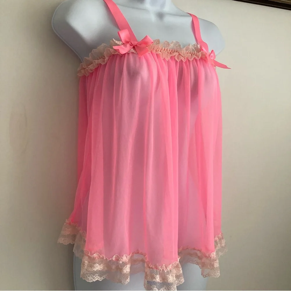 Victoria’s Secret Y2K Bubblegum Pink Sheer Frilly Babydoll Nightie Cami, NWT S